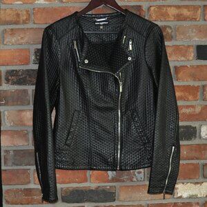 Karl Lagerfeld Paris Woven Texture Black Faux Leather Motorcycle Moto Jacket L